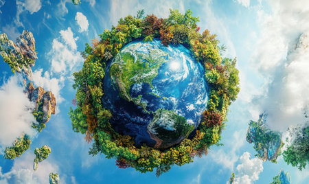 Earth surrounded by floating islands, vibrant sky, nature, global ecology, illustrationの素材