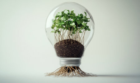 Plant growing inside lightbulb, roots extending; eco-friendly concept; studio background; sustainability imageの素材