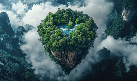 Floating island paradise, lush jungle, waterfall, misty mountains, environmental conservationの素材