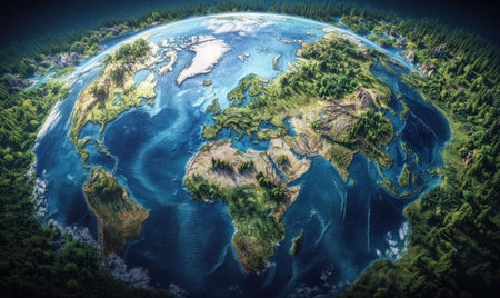 Lush Earth, aerial view, continents, oceans, green forests, environmental conservation, global sustainabilityの素材