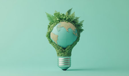 Earth globe encased in foliage replaces light bulb, implying green energy conceptの素材
