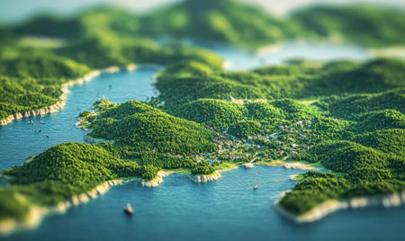 Coastal village aerial view, green hills, ocean, boats, tranquil scene, travel brochureの素材