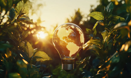 Earth lightbulb, sunset, nature background, environmental concept, inspiring image,  sustainable futureの素材