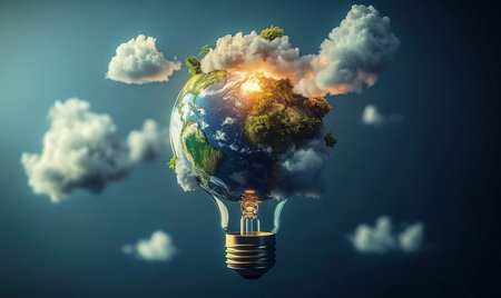 Green Earth inside lightbulb; clouds, sunrise; environmental concept; eco-friendly energyの素材