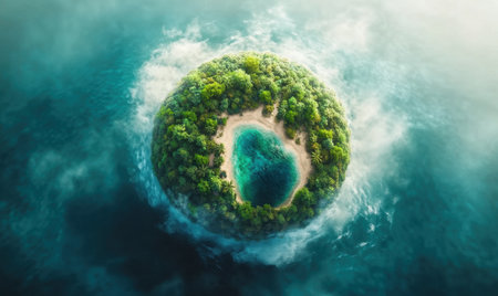 Floating island in ocean, aerial view, tranquil scene, nature photographyの素材