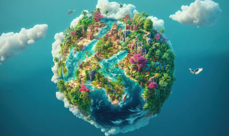 Miniature Earth, diverse landscape, floating clouds, birds, environmental conceptの素材