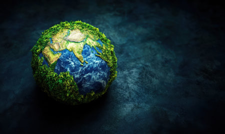 Mossy Earth Globe, Sustainability Concept, Dark Background, Environmental Awarenessの素材