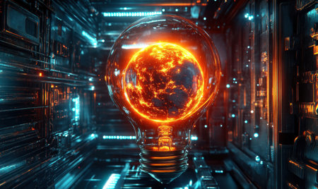 Futuristic lightbulb, glowing sun, technological interiorの素材