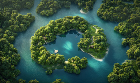 Aerial view of serene island lake, lush green vegetation, tranquil setting, perfect for travel brochureの素材