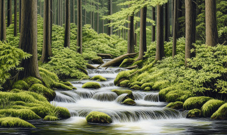 Serene forest stream flows through mossy rocks and lush greenery.  Peaceful nature scene ideal for relaxation and tranquilityの素材