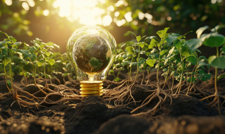 Earth in lightbulb, plants, sunrise, sustainable energy, stockの素材