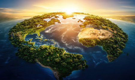 Sunrise over Earth, continents, oceans, lush vegetation, environmental protection, global issuesの素材