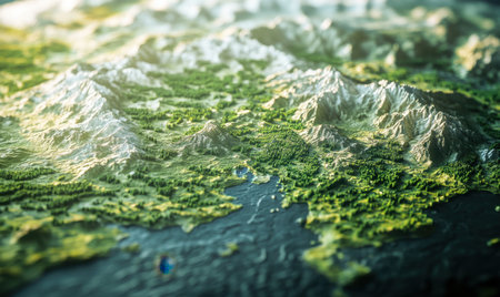 Digital 3D terrain, mountain range, forest, water. Possible stock photo useの素材