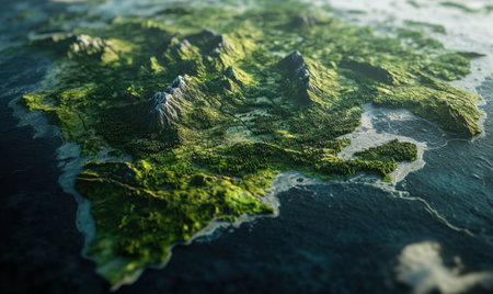 Lush green volcanic island aerial view; ocean background; travel brochureの素材