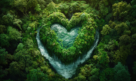 Heart-shaped waterfall in lush forest, aerial view, nature scene, environmental conservation, possible use for eco-tourism or conservation posterの素材
