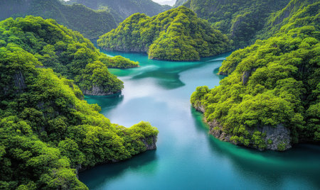 Lush green islands, turquoise river, aerial view, tranquil landscape, nature tourismの素材