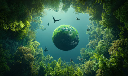 Birds fly around Earth in lush forest canopy; environmental conceptの素材