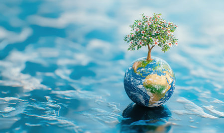 Blooming tree on Earth globe, reflecting in water; environmental conservation imageの素材