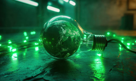 Green Earth inside lightbulb, futuristic setting, energy concept, stock photoの素材