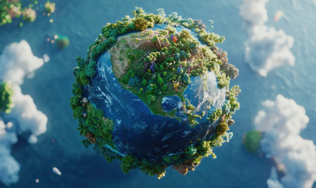 Miniature Earth, aerial view, lush vegetation, clouds, environmental concept, stock photoの素材