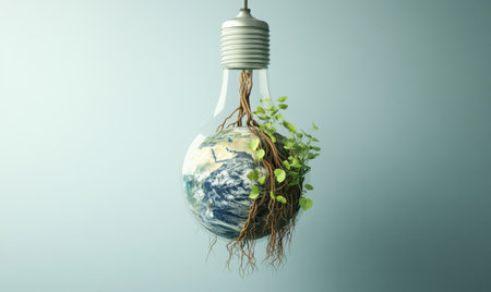 Earth inside lightbulb, roots &amp; plants growing, sustainability concept, environmental image, for eco-friendly campaignsの素材