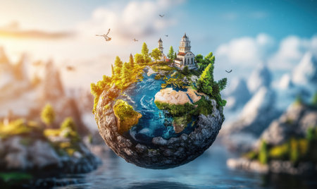 Idyllic Earth globe, nature, village, mountains, sunset, environmental conservation, website bannerの素材