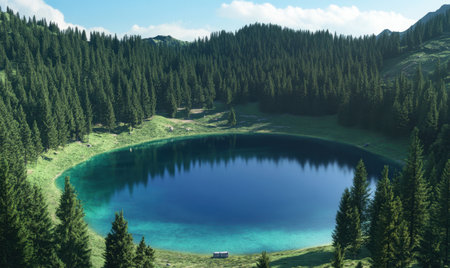 Serene lake nestled in verdant mountain forest on a sunny day for ecology useの素材