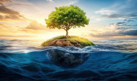 Earth Island Sunrise, a tree on an island in the sea.  Possible use Nature, environmental conservation, inspirational stock photoの素材