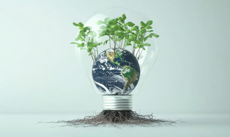 Earth, plants, lightbulb, roots, sustainability, growth, eco-friendly, concept, background, environmentalの素材