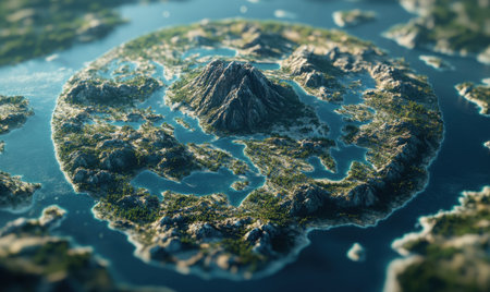 Volcanic island aerial view, ocean, lush vegetation, background, game designの素材