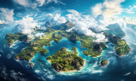 Tropical archipelago aerial view, lush islands, ocean, clouds, paradise, tourismの素材