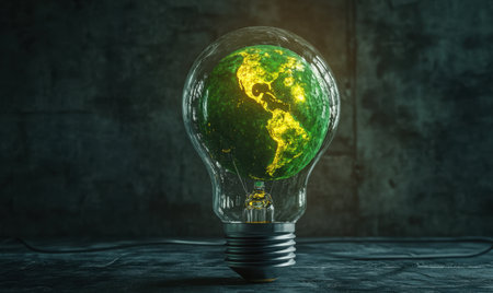 Green Earth inside lightbulb, dark background, sustainability concept, environmental awareness campaignの素材