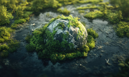 Spherical rock covered in moss, sunlit wetlandの素材