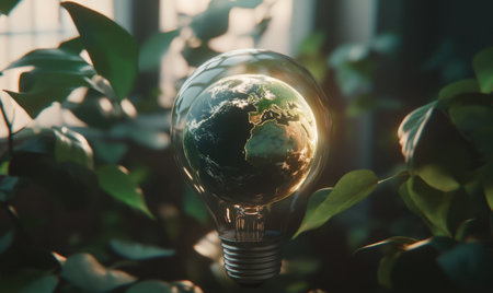 Green Earth Inside Lightbulb, Nature Background, Sustainable Energy Conceptの素材