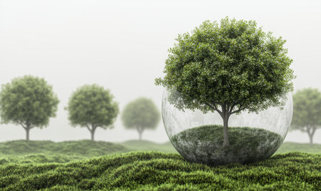 Protected tree in glass sphere, misty forest background; environmental conceptの素材