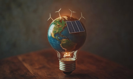 Global renewable energy solar and wind power on Earthの素材