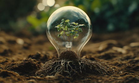 Small plant grows inside a lightbulb, garden soil.  Possible stock photo useの素材