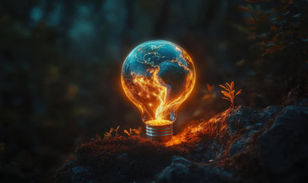 Glowing Earth lightbulb in forest; climate change concept; environmental conservationの素材