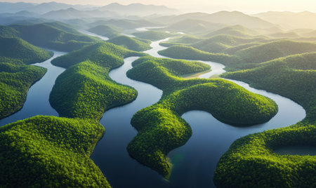 Serpentine River Winding Through Lush Tropical Hills. Aerial View. Possible Stock Useの素材