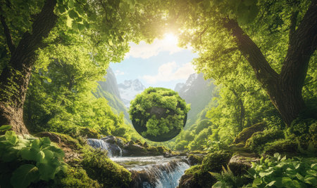 Lush forest scene, sphere in valley, sunlight, tranquility, nature, possible use for wallpaper or screensaverの素材