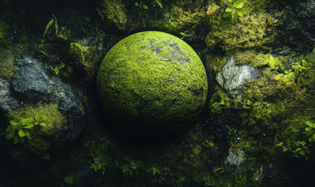 Mossy sphere in lush forest; nature background; environmental texture; game assetの素材