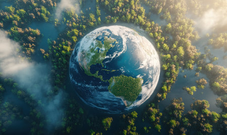 Aerial view of Earth surrounded by lush forest, promoting environmental conservationの素材