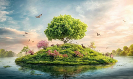 Serene island ecosystem, birds flying, sunset sky, peaceful lake, nature conservationの素材