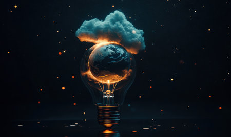 Glowing Earth inside lightbulb, cloud above, dark background; climate change conceptの素材
