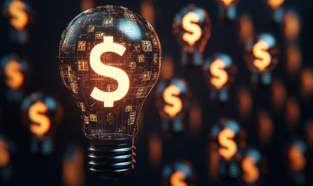 Glowing dollar sign inside light bulb with circuit, investment concept, dark BGの素材
