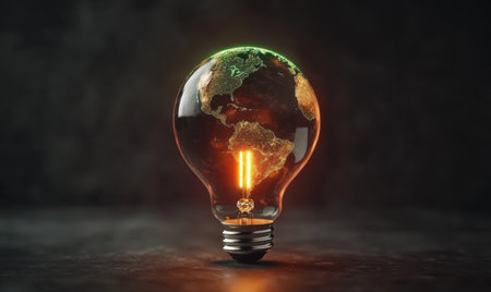 Glowing Earth in lightbulb on dark background energy conceptの素材