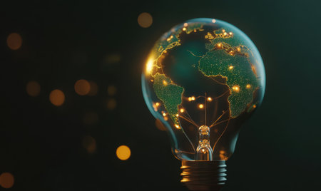 Global network, illuminated Earth inside lightbulb, dark background, sustainability concept, stock photoの素材