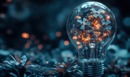 Glowing flowers inside lightbulb, night forest, idea, ecoの素材