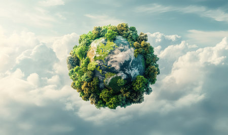 Green Earth amidst clouds; environmental conservationの素材