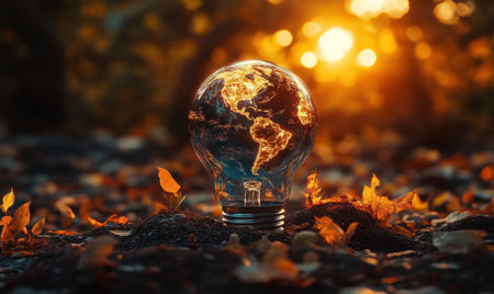 Global sustainability Earth inside lightbulb, autumn leaves.  Environmental concept imageの素材